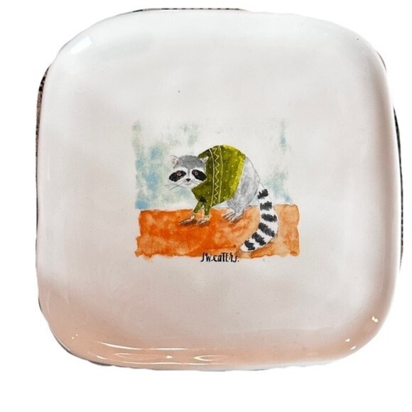 Rae Dunn Raccoon Sweaters Ceramic Square Serving Plate - Picture 5 of 5